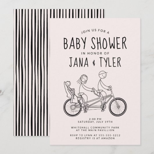 二人乗り自転車のベビーシートに棒人間が乗ったイラスト 招待状 (正面/裏面)