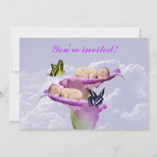 二倍の喜びとベビーの双子シャワー招待 招待状 (正面)