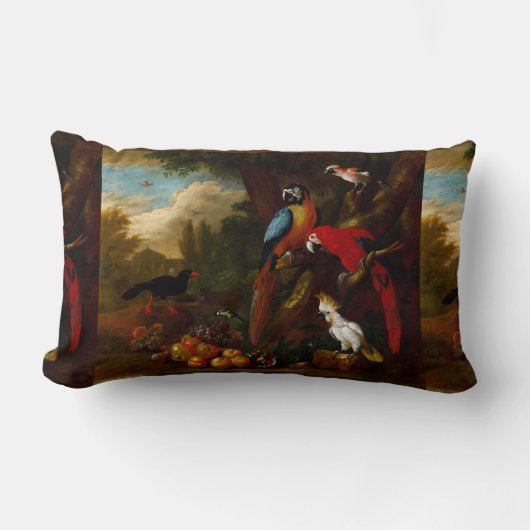 二匹のマカオとカケスとフルーツ ランバークッション (正面)