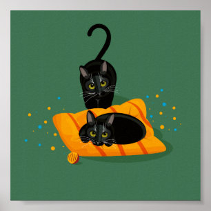 二匹の幾何学模様の黒い猫がクッションに座っていた ポスター