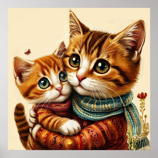 二匹の愛らしい猫のハグ ポスター (正面)