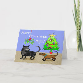 二匹の犬が、クリスマスツリーを持って、後ろの方をかぎ回っています。 シーズンカード