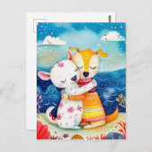 二匹の犬の遊イラストレーションビーチ ポストカード (正面/裏面)