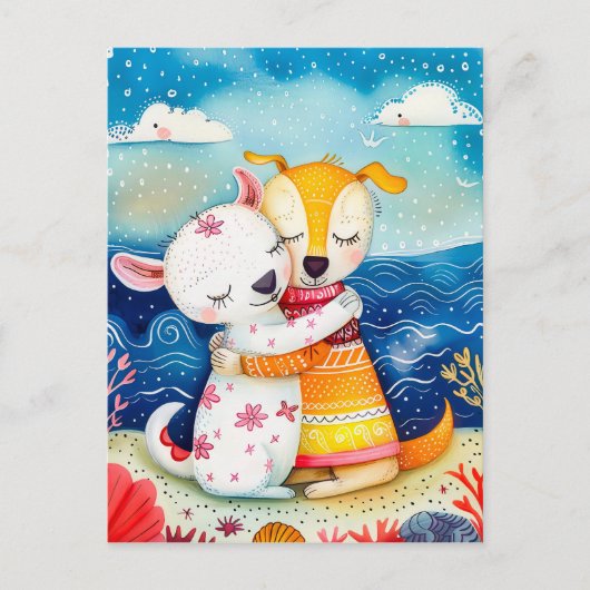 二匹の犬の遊イラストレーションビーチ ポストカード (正面)