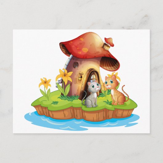二匹の猫がいるキノコの家 ポストカード (正面)