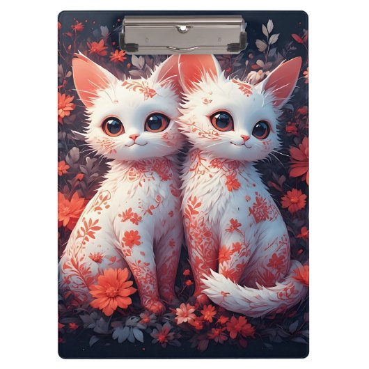 二匹の白い子猫と花 クリップボード (正面)