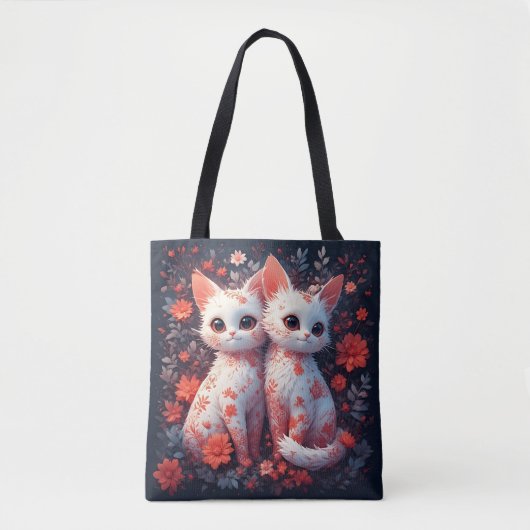 二匹の白い子猫と花 トートバッグ (正面)