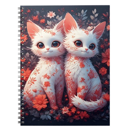 二匹の白い子猫と花 ノートブック (正面)