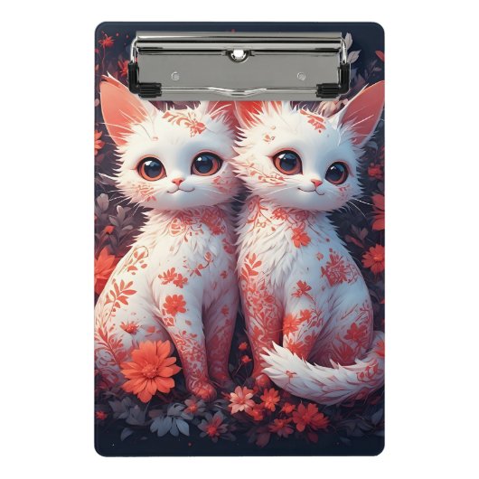 二匹の白い子猫と花 ミニクリップボード (正面)