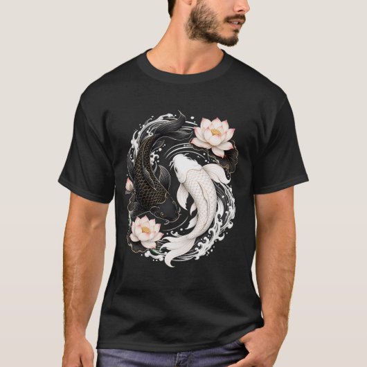 二匹の鯉の魚、陰陽の調和 Tシャツ (正面)