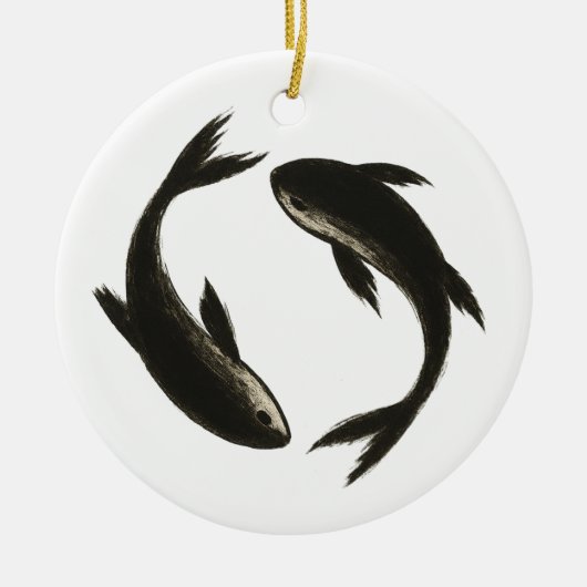 二匹の鯉 - 筆墨の魚が泳ぐ セラミックオーナメント (正面)