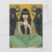 二匹の黒いヤギと紅茶を飲む女性 ポストカード (正面)