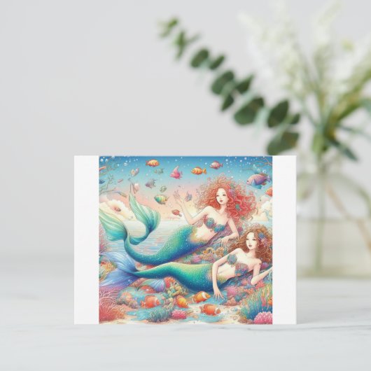 二匹カラフルの美しい人魚の双子 ポストカード (スタンド正面)