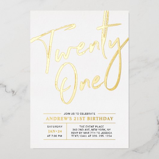 二十モダン一金ゴールド二十一歳パーティー 箔招待状 (正面)