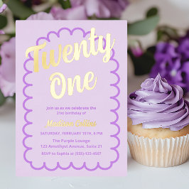 二十ワンパープルタイポグラフィガーリー誕生日パーティー 箔招待状