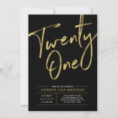 二十一 |ブラック&金ゴールドシック21歳の誕生日パーティー 招待状 (正面)
