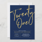 二十一 |ブルー&金ゴールドシック21歳の誕生日パーティー 招待状 (正面)