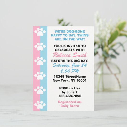 二卵性双生児 – 犬をテーマにした赤ちゃんシャワー招待状 招待状 (スタンド正面)