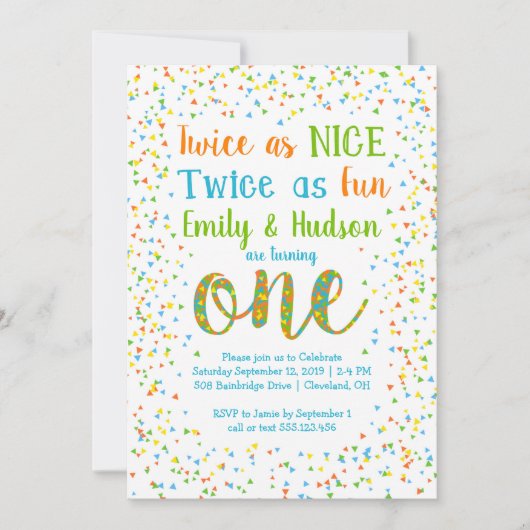 二度同様にニースの紙吹雪の双生児の最初誕生日 招待状 (正面)