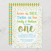 二度同様にニースの紙吹雪の双生児の最初誕生日 招待状 (正面/裏面)