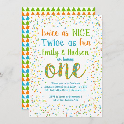 二度同様にニースの紙吹雪の双生児の最初誕生日 招待状 (正面/裏面)