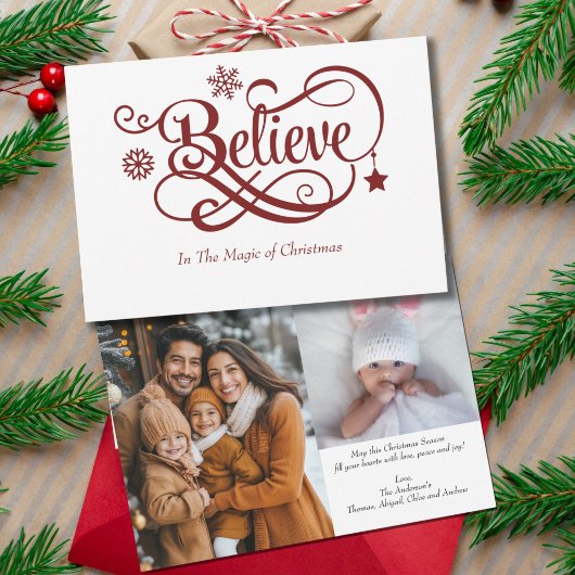 二枚の写真で愛を伝える Believe 赤い雪の結晶 クリスマスカード