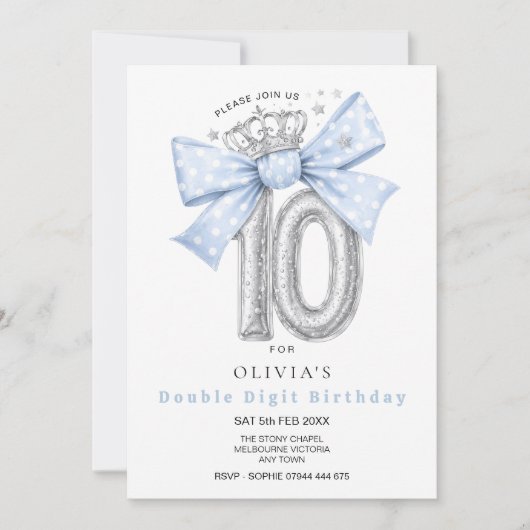 二桁の誕生日、10歳の誕生日ブルーリボンの招待状 招待状 (正面)