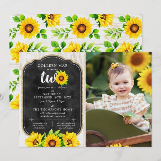 二歳の誕生日 ひまわりと素朴な木の国の写真 招待状 (正面/裏面)