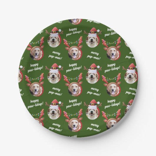 二犬写真サンタトナカイのアントラーハットクリスマス ペーパープレート (正面)
