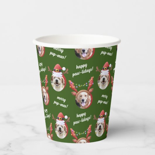 二犬写真サンタトナカイのアントラーハットクリスマス 紙コップ (正面)