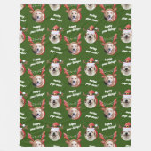 二犬写真トナカイのメリークリスマスグリーン フリースブランケット (正面)