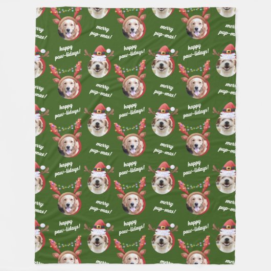 二犬写真トナカイのメリークリスマスグリーン フリースブランケット (正面)
