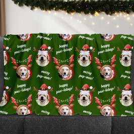 二犬写真トナカイのメリークリスマスグリーン フリースブランケット
