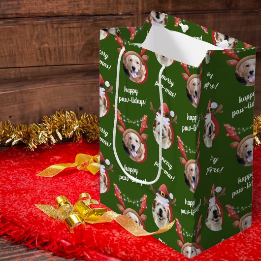 二犬写真トナカイのメリークリスマスグリーン ミディアムペーパーバッグ