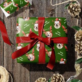 二犬写真トナカイのメリークリスマスグリーン ラッピングペーパー