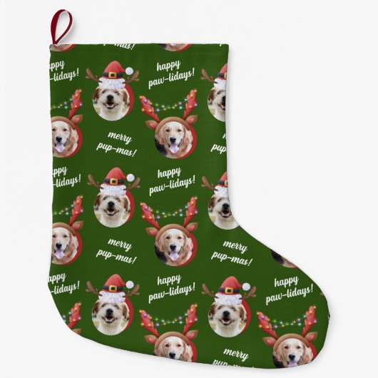 二犬写真トナカイのメリークリスマスグリーン ラージクリスマスストッキング (正面)