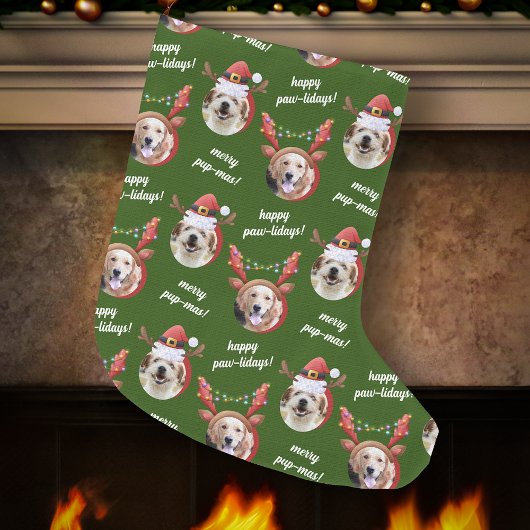 二犬写真トナカイのメリークリスマスグリーン ラージクリスマスストッキング