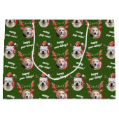 二犬写真トナカイのメリークリスマスグリーン ラージペーパーバッグ (正面)