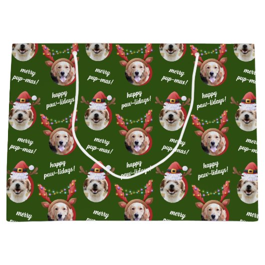 二犬写真トナカイのメリークリスマスグリーン ラージペーパーバッグ (正面)