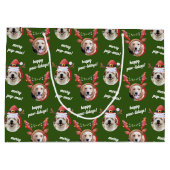 二犬写真トナカイのメリークリスマスグリーン ラージペーパーバッグ (裏面)