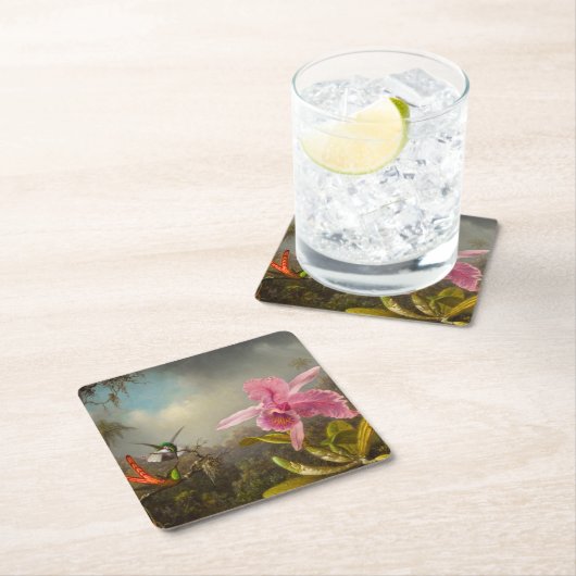 二羽のハミングバードのヒードを持つラン スクエアペーパーコースター (インサイチュ)