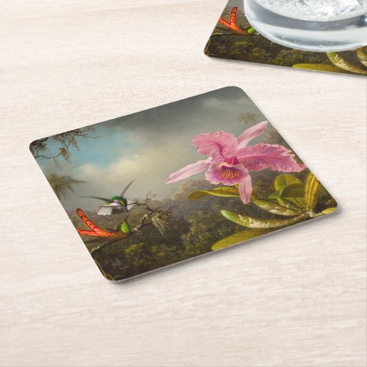 二羽のハミングバードのヒードを持つラン スクエアペーパーコースター (アングル)