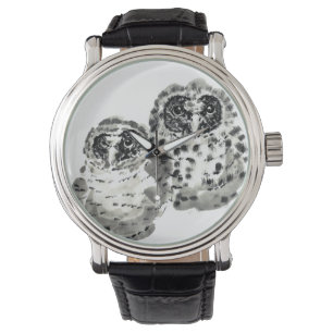二羽のフクロウのひながインク絵画を吸う 腕時計