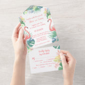 二羽のフラミンゴとトロピカルフラワーの素敵なおとぎ話 オールインワン招待状 (貼ってはがせる)