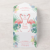 二羽のフラミンゴとトロピカルフラワーの素敵なおとぎ話 オールインワン招待状 (外側)