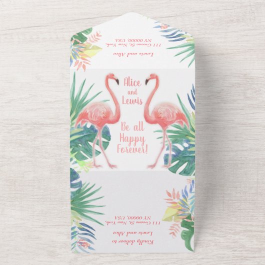 二羽のフラミンゴとトロピカルフラワーの素敵なおとぎ話 オールインワン招待状 (外側)