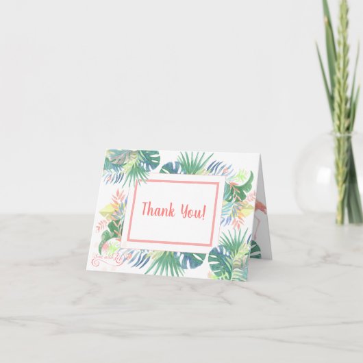 二羽のフラミンゴとトロピカルフラワーの素敵なおとぎ話 サンキューカード (正面)