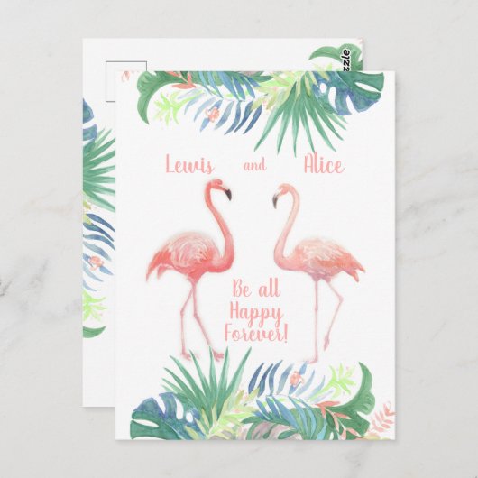 二羽のフラミンゴとトロピカルフラワーの素敵なおとぎ話 ポストカード (正面/裏面)