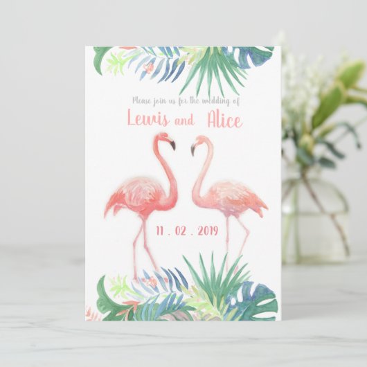 二羽のフラミンゴとトロピカルフラワーの素敵なおとぎ話 招待状 (スタンド正面)