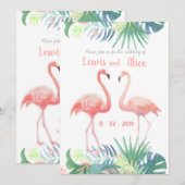 二羽のフラミンゴのトロピカルな花のラブリーなおとぎ話 招待状 (正面/裏面)